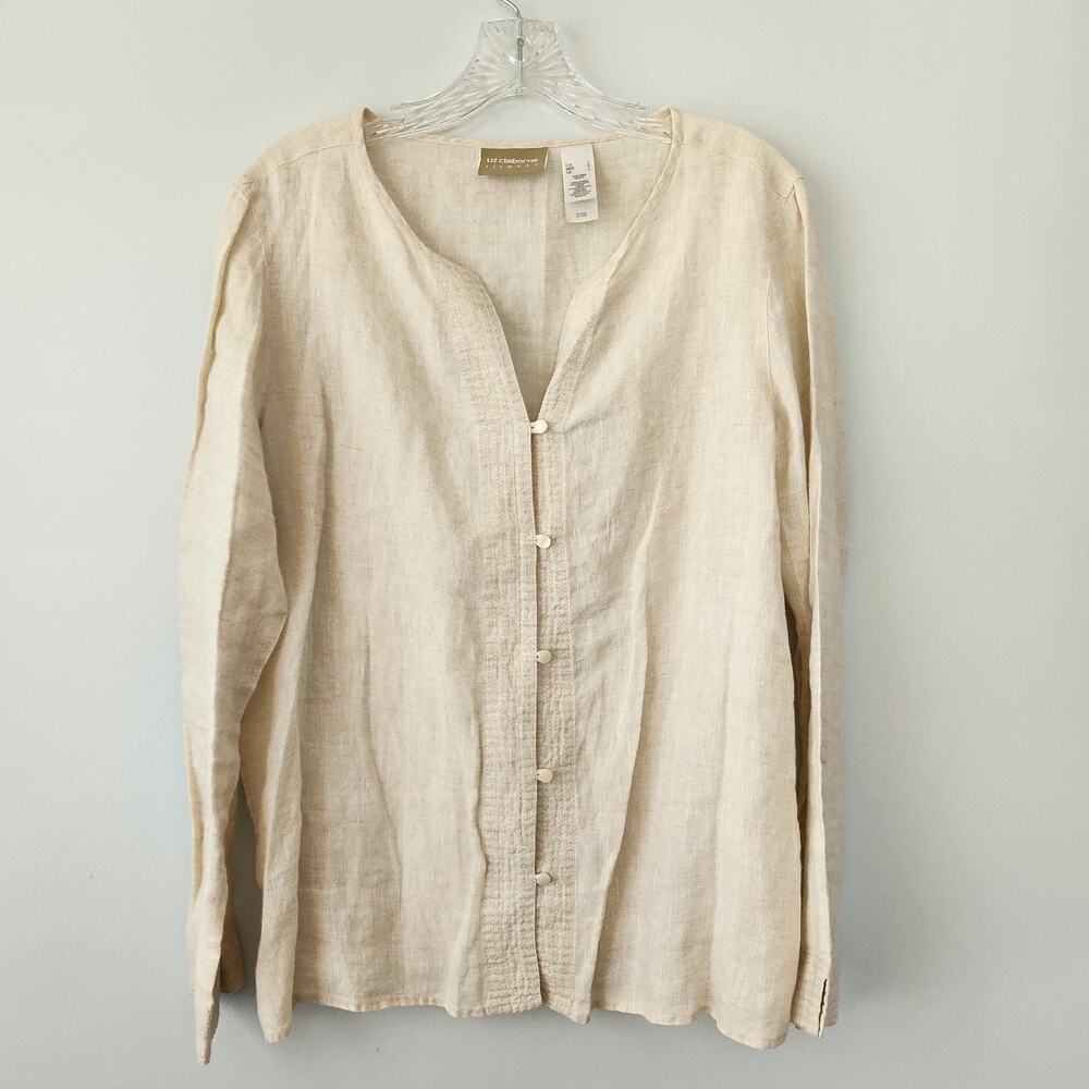 Liz Claiborne Linen Top Women's L Beige Heather Button Up Beach Coastal Grandma